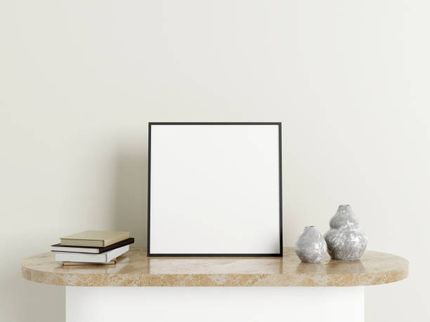 istock Minimalist square black poster or photo frame mockup on the marble table with decoration. 3d rendering. 1665871991
