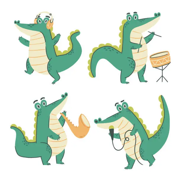 Vector illustration of Crocodile cartoon characters . Musical concept . Hand drawn style . White isolate background . Vector .