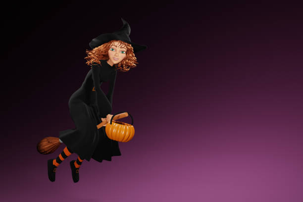 istock Cartoon Halloween witch flying on broom on purple background. 3d render 1665894477