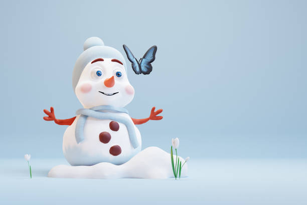istock Cute cartoon snowman looking on butterfly. Waiting for spring beginning. 3d render 1665894589