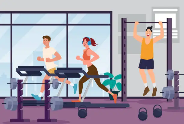 Vector illustration of Athletic man and woman on weight training apparatus have various physical exercises enjoy sport activity