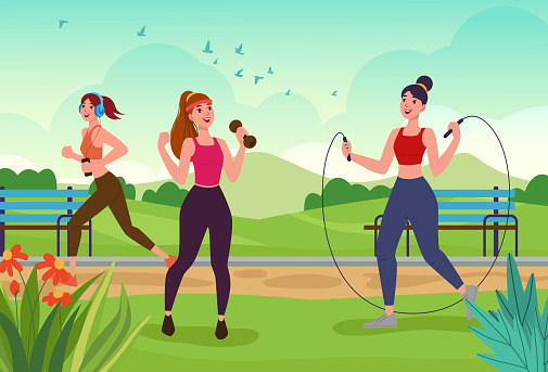 Active Female athlete jumping rope, weight training and ruuning exercising in the park, outdoor sport activities and healthy lifestyle cartoon vector illustration. Mountain skyline on the background