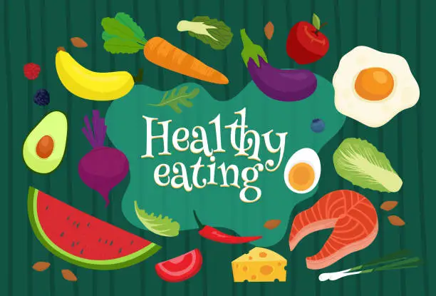 Vector illustration of Foods for good health of the body such as Various vegetables and fruits and protein from meat
