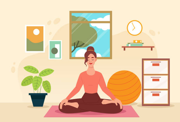 Healthy serene young woman meditating at home with eyes closed, relaxing body and mind sitting on floor in living room Healthy serene young woman meditating at home with eyes closed, relaxing body and mind sitting on floor in living room. Mental health and meditation for no stress. meditation room stock illustrations