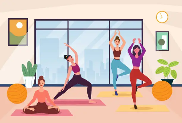 Vector illustration of Young women in sportswear training together yoga class cartoon characters.