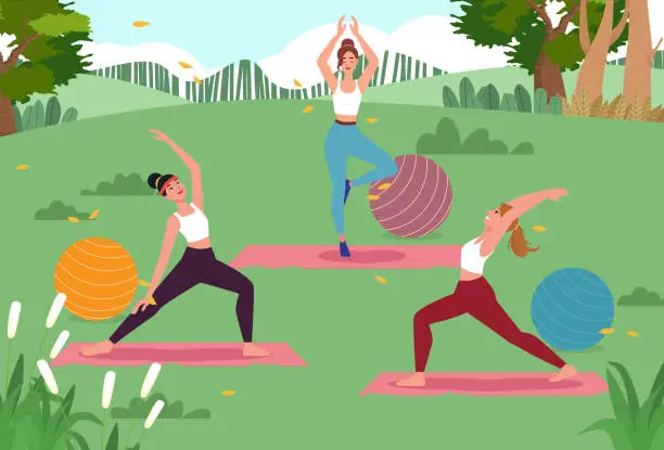 Vector illustration of Young women in sportswear training yoga together in city park cartoon characters.