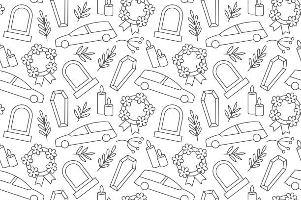 seamless pattern with funeral line icons: hearse, coffin, grave, candles, flower wreath and leaves seamless pattern with funeral line icons: hearse, coffin, grave, candles, flower wreath and leaves- vector illustration funeral procession stock illustrations