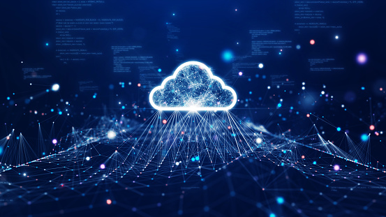 Cloud and edge computing technology data transfer concept. A large cloud icon is in the center. abstract code Interconnected polygons and multicolored dots on a dark blue background.