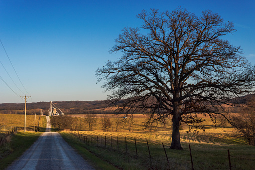 A gravel road leads to a grain elevator in the distance in a Dec. 3, 2021, landscape image from Lincoln County, Missouri.