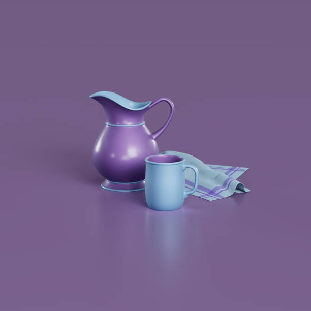 Violet jug and blue mug with cloth