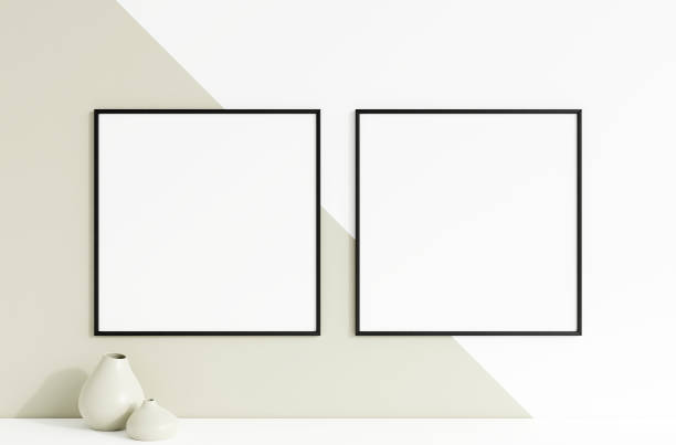 istock Clean and minimalist front view square black photo or poster frame mockup hanging on the wall with vase. 3d rendering. 1665943782