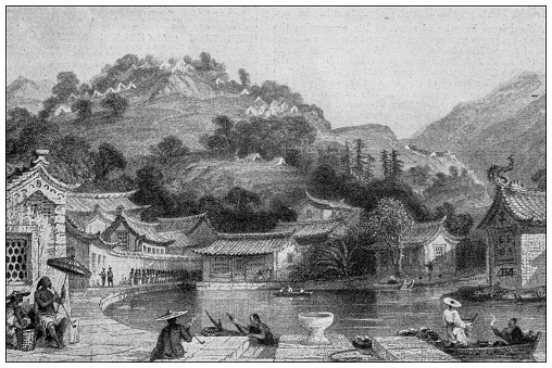 Antique image from British magazine: Irgao Shan, Chusan, 1841