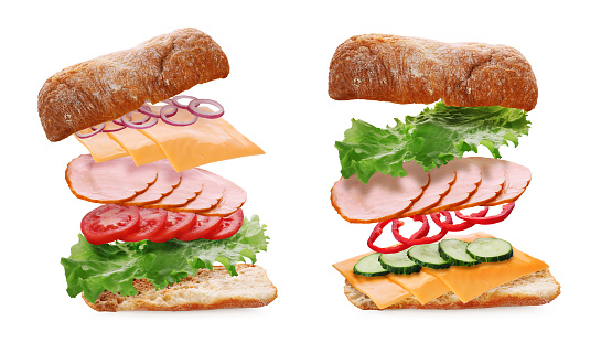 Tasty ciabatta sandwiches with fresh ingredients in air on white background, collage design