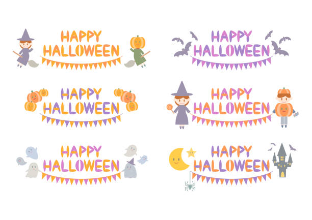 6개의 할로윈 로고 세트. 귀여운 캐릭터와 화려한 멧새 디자인. 벡터 그림입니다. - halloween pumpkin bunting backgrounds stock illustrations
