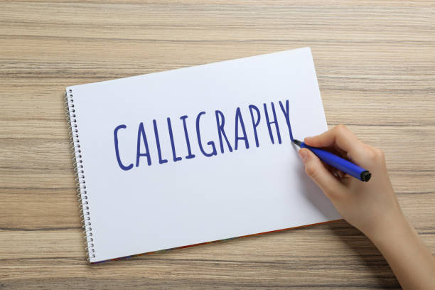 istock Woman writing word Calligraphy in notebook at wooden table, top view 1665968890