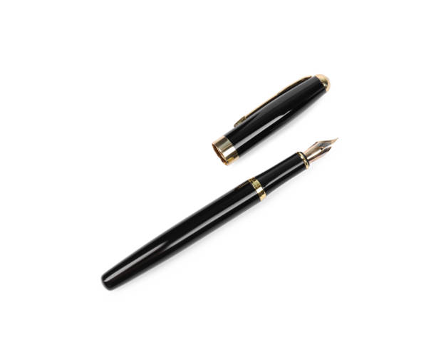 istock Stylish black fountain pen isolated on white, top view 1665969438