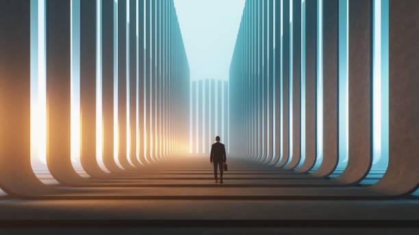 istock Businessman walking in abstract urban environment 1665977108