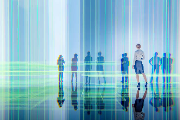 istock Businesswoman standing in VR environment 1665977674
