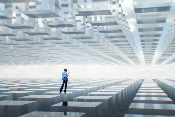 istock Woman walking in abstract glass environment 1665980982