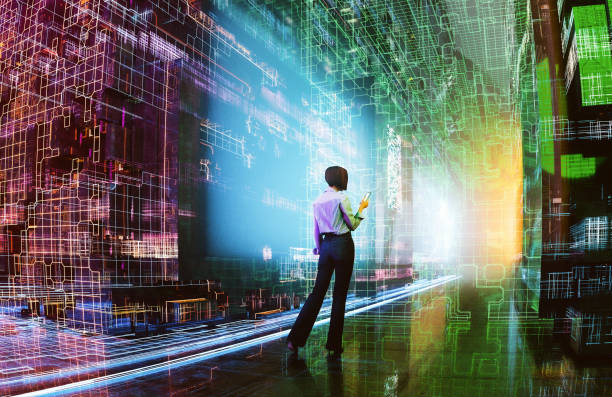 istock Woman walking in VR environment 1665981833