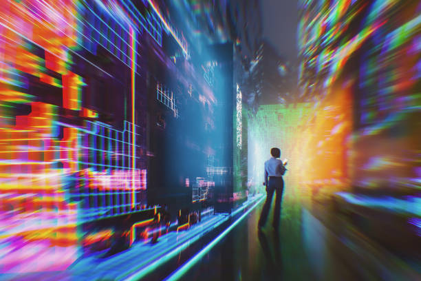 istock Woman walking in VR environment 1665982041