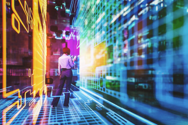 istock Woman walking in VR environment 1665982054