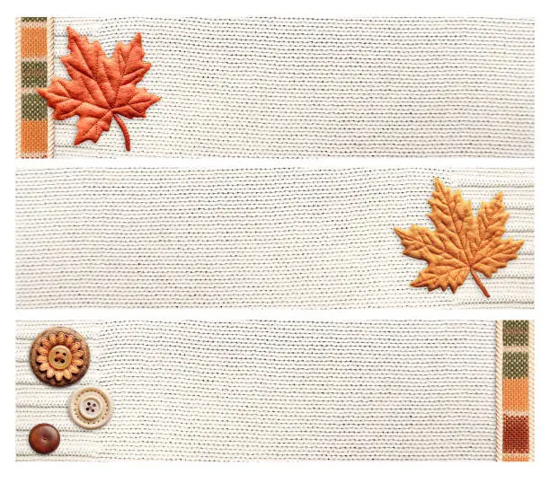 Photo of Set of autumn season banner with white wool sweater texture and felt handmade decor. Horizontal background with knitted fabric texture and decorative border with felt maple leaf and button