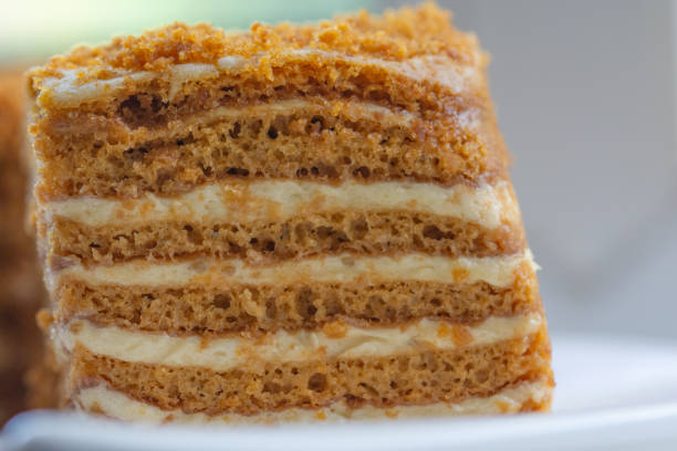 honey cake closeup, thin layers and cream