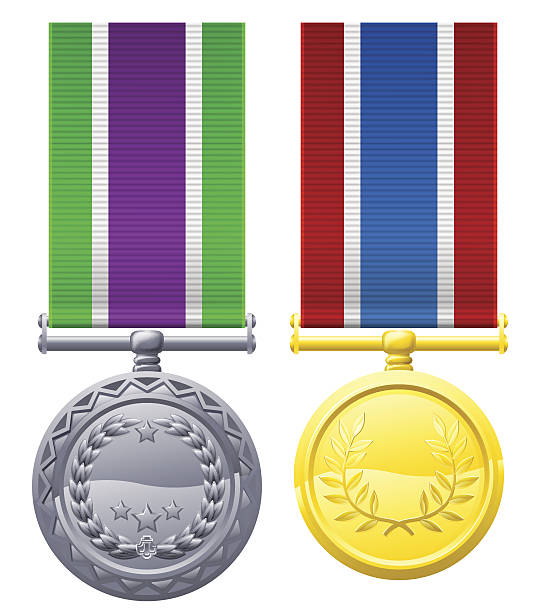 ilustraciones, imágenes clip art, dibujos animados e iconos de stock de dos de las medallas de tórax y cintas metálicas - medal star shape war award