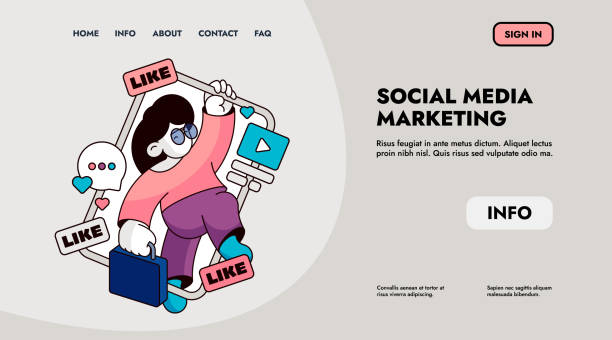 istock Social marketing landing. Web page template with social network buttons, like button and share button. Vector web page with social media icons 1666018465