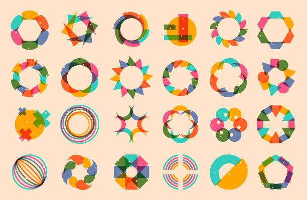 Riso abstract shapes. Geometric abstract linocut stamps and prints, minimalistic contemporary decorative elements. Vector 90s art set Riso abstract shapes. Geometric abstract linocut stamps and prints, minimalistic contemporary decorative elements. Vector 90s art set. Bright colorful isolated artwork of different forms riso print stock illustrations