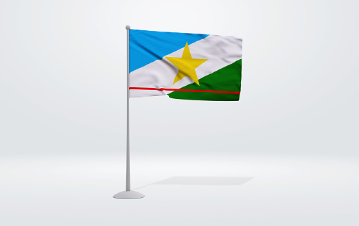3D illustration of the flag of Roraima state of Brazil. Flag waving on the pole with white studio background.