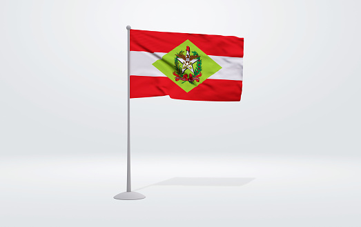 3D illustration of the flag of Santa Catarina state of Brazil. Flag waving on the pole with white studio background.