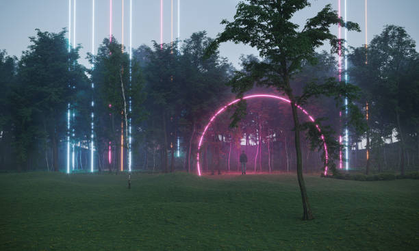Purple and blue neon lights and a portal between the trees in the forest and a man going inside the portal. (3d render)