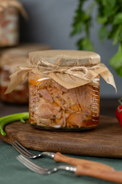 istock Canned turkey meat in glass jar 1666048222