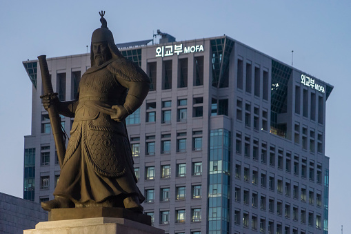 Seoul, South, Korea - October 24, 2022: A statue of Yi Sun-sin, a Korean admiral and military general, is seen before the Ministry of Foreign Affairs around Gwanghwamun Square.