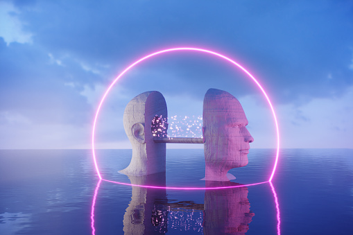 A concrete textured bridge shaped of human head and binary codes moving on the bridge inside the portal. (3d render)