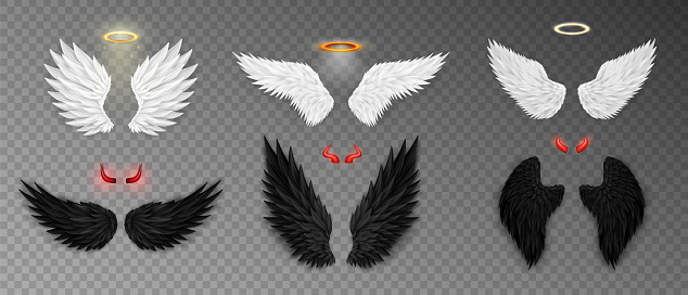 Set of 3D white angel wings with golden nimbus, halo and black devil wings with red daemon horns isolated on transparent background. Realistic festival, carnival costume. Fantasy, religion concept.