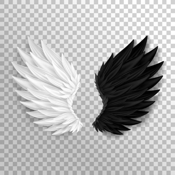 Two realistic half wings isolated on transparent background. 3D white angel wings and dark devil, daemon wings. Heaven and hell, good and evil concept. Festival, masquerade, carnival costume. remarkable hell stock illustrations