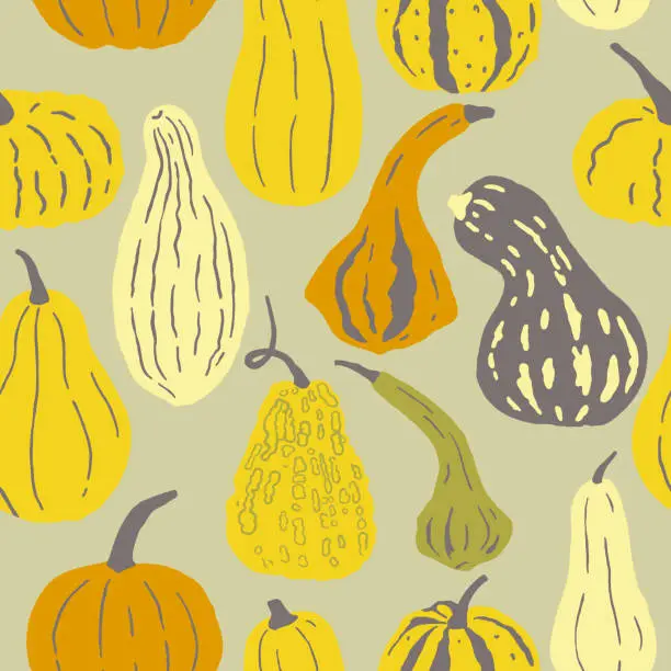 Vector illustration of Seamless pattern with pumpkins of various shapes and colors