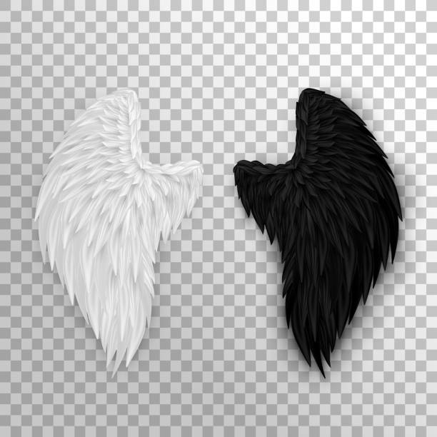 Two realistic half wings isolated on transparent background. 3D white angel wings and dark devil, daemon wings. Heaven and hell, good and evil concept. Festival, masquerade, carnival costume. remarkable hell stock illustrations
