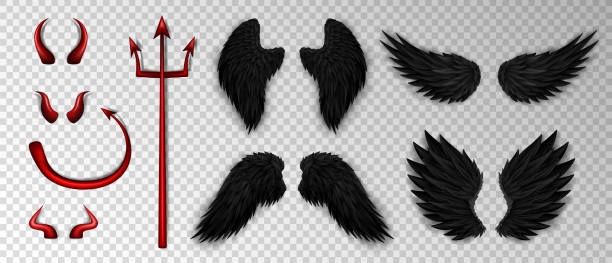 Set of black devil wings, red horns, daemon trident and tail Collection of 3d realistic devil costume elements - red bloody trident, glossy horns, daemon tail and various devil black wings on transparent background remarkable hell stock illustrations
