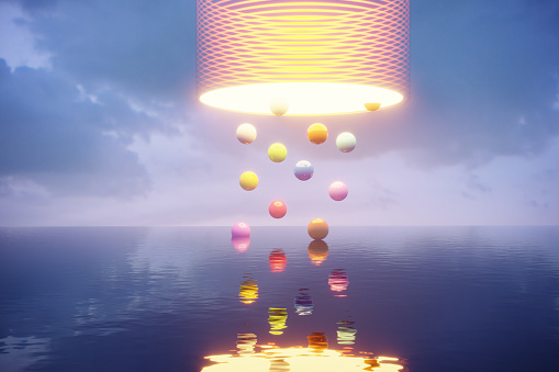 Multi colored spheres falling down from mysterious portal to the sea. (3d render)