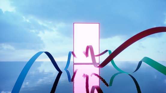 Multi colored ribbons coming out from glowing portal on the sea. (3d render)