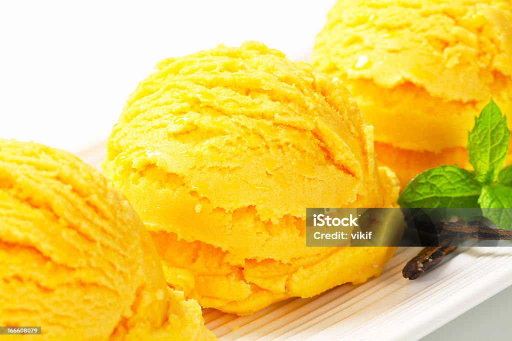 Scoop of yellow ice cream Three scoops of ice cream on a long serving dish Lemon Ice Cream Stock Photo