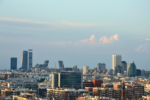Madrid skyline. High angle view, buisness district in the background