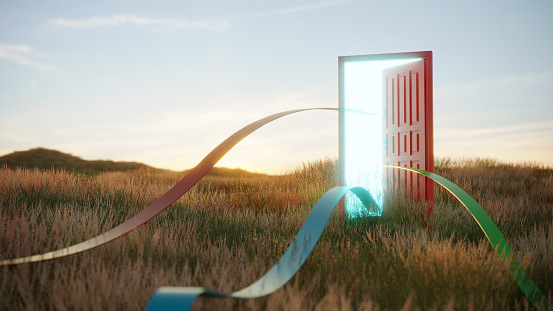 An abstract opening door and multi colored ribbons coming out from it on the bushes on sunny summer day. (3d render)