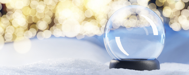 Snow globe on the snow in Christmas lights. An empty snow globe, blank for your congratulations. Snow globe for your design. 3d render.