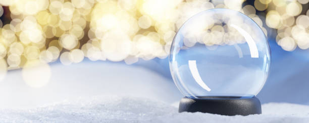 Snow globe on the snow in Christmas lights. An empty snow globe, blank for your congratulations. Snow globe for your design. 3d render. stock photo