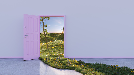 An abstract opening door to the nature. (3d render)